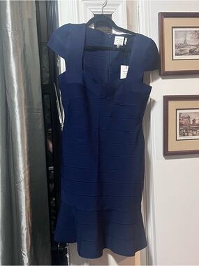Herve Leger Deep Navy Cap Sleeve Bandage Bodycon Midi Dress L